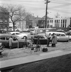 Television cameramen set up outside the courthouse during the trial of Martin Luther King, Jr., in Montgomery, Alabama.