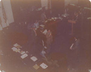 Legislators and members of the American Agriculture Movement in the House chamber of the Capitol in Montgomery, Alabama.