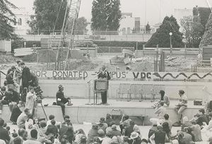 John Hulett speaking to students on a college campus, possibly in Alabama.