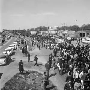Marchers south of the Edmund Pettus Bridge after crossing it on the first day of the Selma to Montgomery March.