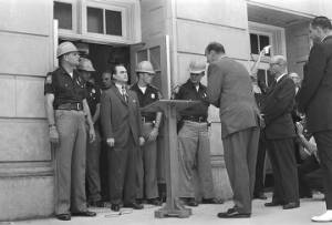 U.S. Deputy Attorney General Nicholas Katzenbach speaking to Governor George Wallace during his "stand in the schoolhouse door" at the University of Alabama.
