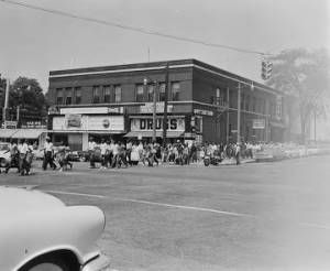 Civil rights demonstrators marching on 6th Avenue North in downtown Birmingham, Alabama.