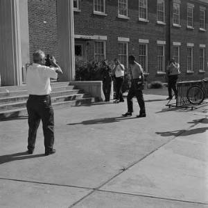 James Hood entering a building for class at the University of Alabama.