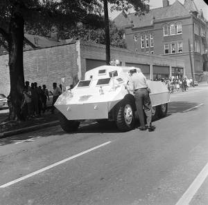 Birmingham Police Department tank parked on 6th Avenue North in downtown Birmingham, Alabama, during a civil rights demonstration.