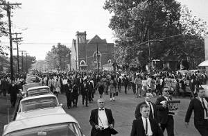 Civil rights demonstrators marching down 6th Avenue North in Birmingham, Alabama.