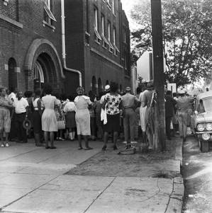 Crowd at the funeral for Addie Mae Collins, Carol Denise McNair, and Cynthia Diane Wesley, who were killed in the bombing of 16th Street Baptist Church in Birmingham, Alabama.