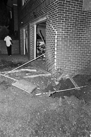 Exterior of Arthur Shores's house on Center Street in Birmingham, Alabama, the night it was bombed.