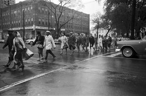 Civil rights demonstrators marching in downtown Birmingham, Alabama, probably on 5th Avenue North across from Kelly Ingram Park.