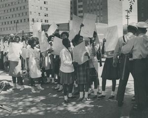 Civil rights marchers in line during a Children's Crusade demonstration at Kelly Ingram Park in downtown Birmingham, Alabama.