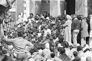 Large group of civil rights demonstrators, probably at Brown Chapel AME Church in Selma, Alabama.