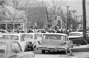 Police blockade in Selma, Alabama, during either a civil rights demonstration or the Selma to Montgomery March.