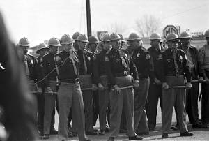 State troopers blocking civil rights marchers on U.S. Highway 80 in Selma, Alabama, on Turnaround Tuesday.