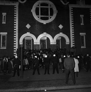 Police officers blocking an attempted night march from Brown Chapel AME Church in Selma, Alabama.