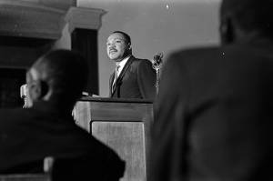 Martin Luther King Jr. speaking at a mass meeting at Brown Chapel AME Church in Selma, Alabama.