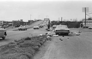 Scene at the foot of the Edmund Pettus Bridge in Selma, Alabama, after civil rights marchers were beaten by Alabama state troopers and Dallas County deputies on Bloody Sunday.