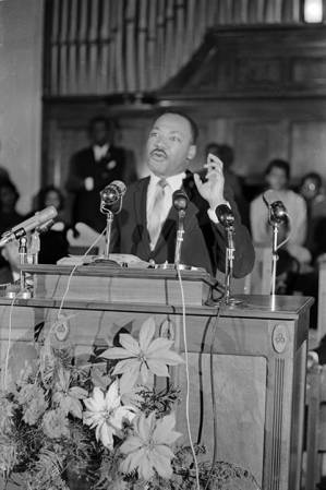 Martin Luther King Jr. speaking at a mass meeting at Brown Chapel AME Church in Selma, Alabama.