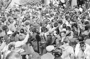 Large group of civil rights demonstrators, probably at Brown Chapel AME Church in Selma, Alabama.