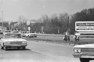 Police motorcycles and cars on U.S. Highway 80 in Selma, Alabama, on Turnaround Tuesday.