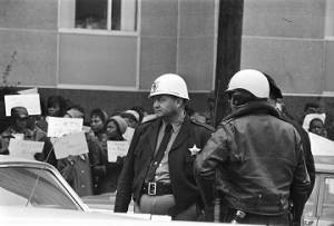 Sheriff Jim Clark and other law enforcement officers during a voting rights demonstration at the Dallas County courthouse in Selma, Alabama.