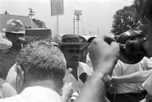 Martin Luther King Jr. speaking to reporters in Senatobia, Mississippi, during the March Against Fear begun by James Meredith.
