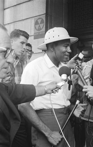 James Meredith speaking to reporters, probably outside the state capitol in Jackson, Mississippi at the end of the March Against Fear.