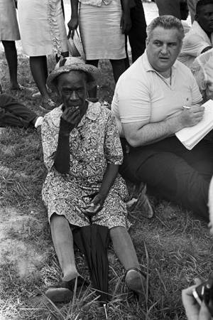 Elderly African American woman at a rest stop on the March Against Fear, possibly near Senatobia, Mississippi.