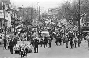 Marchers on Montgomery Street in downtown Montgomery, Alabama, heading for the Capitol at the conclusion of the Selma to Montgomery March.