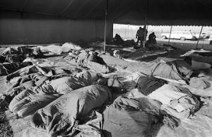 Participants in the Selma to Montgomery March sleeping under a tent at a campsite along the route of the march.
