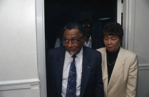 Joseph and Evelyn Lowery leaving a court-ordered meeting between Southern Christian Leadership Conference members and former members of the Ku Klux Klan in Birmingham, Alabama.