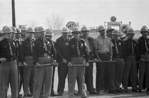 Alabama state troopers waiting for civil rights marchers on the south side of the Edmund Pettus Bridge in Selma, Alabama, on Turnaround Tuesday.