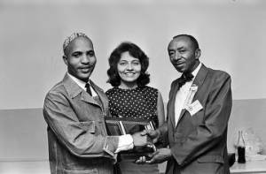 James and Diane Bevel receiving an award from Dr. Steele at a Southern Christian Leadership Conference convention at the municipal auditorium in Birmingham, Alabama.