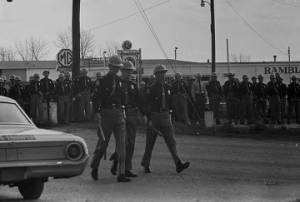 Alabama state troopers waiting for civil rights marchers on the south side of the Edmund Pettus Bridge in Selma, Alabama, on Turnaround Tuesday.