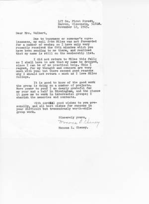 Letter to Sec. Eileen Walbert from Monona L. Cheney on November 12, 1965.