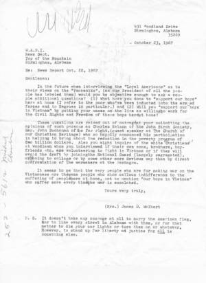 Letter to W.A.P.I. News Dept. from James D. Walbert on October 23, 1967