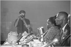 Fannie Lou Hamer, J. C. Killingsworth, and others seated before the Senate Subcommittee on Employment, Manpower, and Poverty during a hearing at the Heidelberg Hotel in Jackson, Mississippi.
