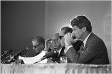 Senators George Murphy, Jacob Javits, Joseph Clark, and Robert F. Kennedy of the Senate Subcommittee on Employment, Manpower, and Poverty, listening to testimony during a hearing at the Heidelberg Hotel in Jackson, Mississippi.