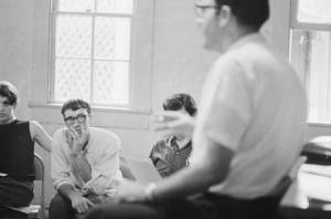 Don Jelinek speaking to a group of people, probably civil rights workers in Alabama.