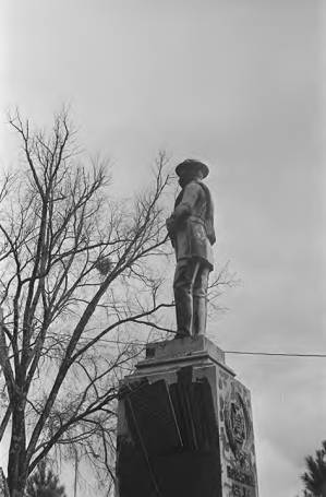 Defaced Confederate monument in downtown Tuskegee, Alabama, after a nighttime student demonstration protesting the acquittal of Marvin Segrest for the murder of Samuel L. Younge.