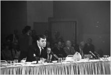 Man speaking at a hearing of the Senate Subcommittee on Employment, Manpower, and Poverty at the Heidelberg Hotel in Jackson, Mississippi.