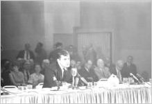 Man speaking at a hearing of the Senate Subcommittee on Employment, Manpower, and Poverty at the Heidelberg Hotel in Jackson, Mississippi.