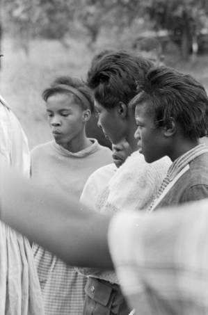 Young women standing outside Harrison Street Baptist Church in Greenville, Alabama, during a student boycott of the Greenville Training School.