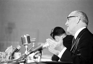 Senator John C. Stennis speaking at a hearing of the Senate Subcommittee on Employment, Manpower, and Poverty at the Heidelberg Hotel in Jackson, Mississippi.