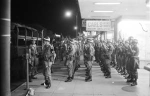 National Guardsmen on a sidewalk on Dexter Avenue in downtown Montgomery, Alabama, during a civil rights demonstration.
