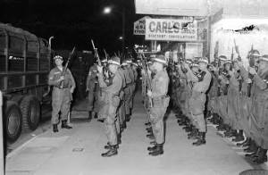 National Guardsmen on a sidewalk on Dexter Avenue in downtown Montgomery, Alabama, during a civil rights demonstration.