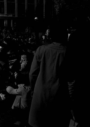 Wendell Paris addressing students gathered outside the Hollis Burke Frissell Library at Tuskegee Institute, during a demonstration protesting the murder of Samuel L. Younge.