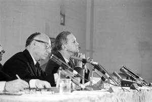 Senators Jacob Javits and Joseph Clark of the Senate Subcommittee on Employment, Manpower, and Poverty, listening to testimony during a hearing at the Heidelberg Hotel in Jackson, Mississippi.