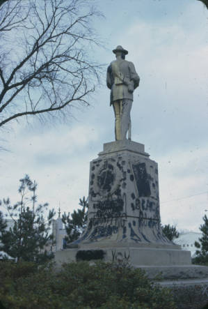 Defaced Confederate monument in downtown Tuskegee, Alabama, after a nighttime student dmonstration protesting the acquittal of Marvin Segrest for the murder of Samuel L. Younge.