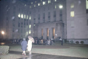 Demonstrators outside the Jefferson County courthouse in Birmingham, Alabama, protesting the incarceration of Martin Luther King, Jr., and several other civil rights leaders.