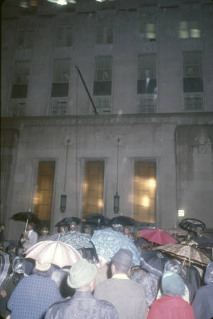 Demonstrators outside the Jefferson County courthouse in Birmingham, Alabama, protesting the incarceration of Martin Luther King, Jr., and several other civil rights leaders.