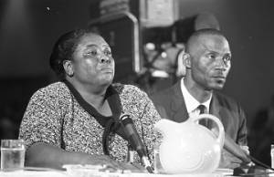 Fannie Lou Hamer speaking at a hearing of the Senate Subcommittee on Employment, Manpower, and Poverty at the Heidelberg Hotel in Jackson, Mississippi.